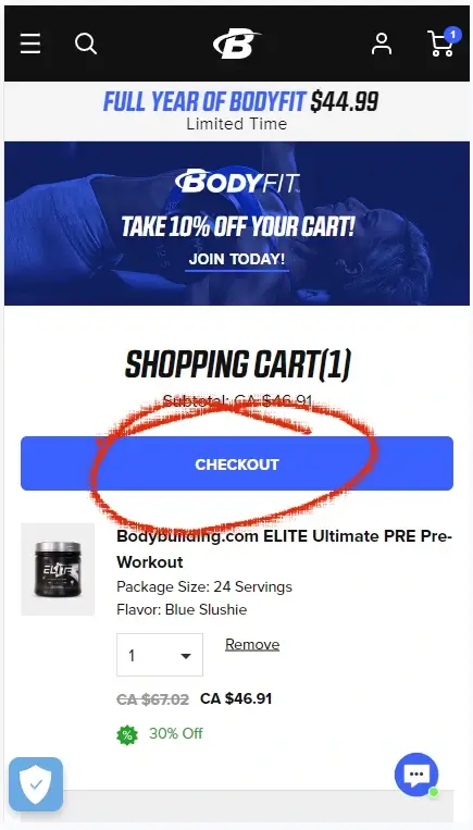 How to enter a coupon on bodybuilding.com Step 2: A red circle highlights a blue button with the text CHECKOUT on the mobile version of bodybuilding.com