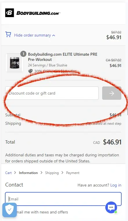 How to enter a coupon on bodybuilding.com Step 3: A red circle highlights the box where a coupon code can be entered