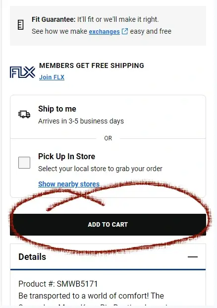 How to use a Champs Sports Coupon Step 1: A red circle is drawn around a link with the text ADD TO CART