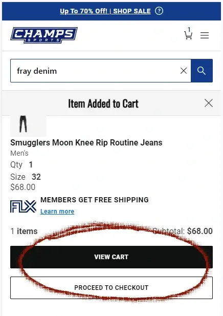 How to use a Champs Sports Coupon Step 2: A screenshot of Champsports website. A red circle is drawn around a link with the text VIEW CART