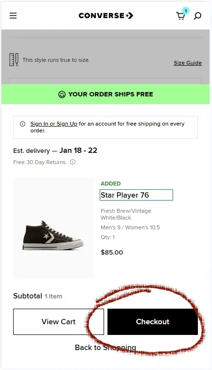 How to use a Converse Coupon - Step 1: On a screenshot of Converse.com, a red circle highlights a link with the text CHECKOUT