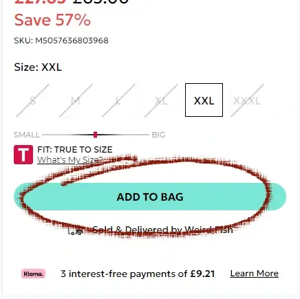 How to redeem a Debenhams voucher - Step 1: A red circle highlights a link with the text ADD TO BAG on the mobile version of Debenhams.com