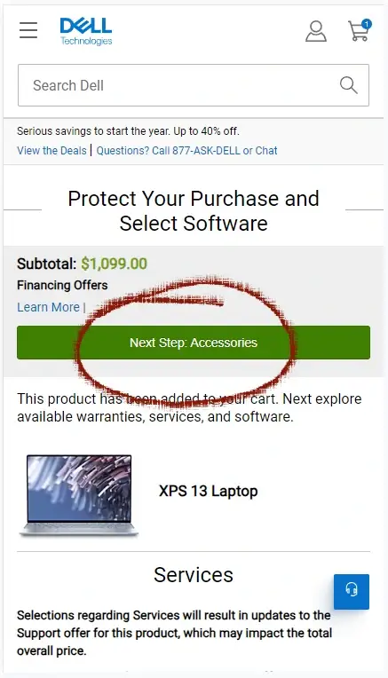 Where Do I Enter a Dell Coupon? Step 2 - A red circle highlights a link with the text NEXT STEP: ACCESSORIES