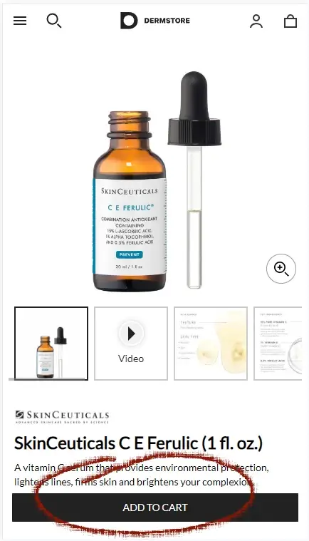 How to enter a Dermstore coupon - Step 1: A screenshot of mobile version of Dermstore.com with a red circle around a link. The link says ADD TO CART.