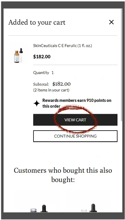 How to enter a Dermstore coupon - Step 2: A red circle around a link. The link says VIEW CART.
