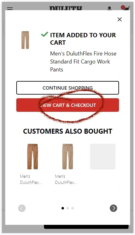 How to apply a Duluth Trading coupon - Step 2: A red circle highlights the text 'VIEW CART AND CHECKOUT'