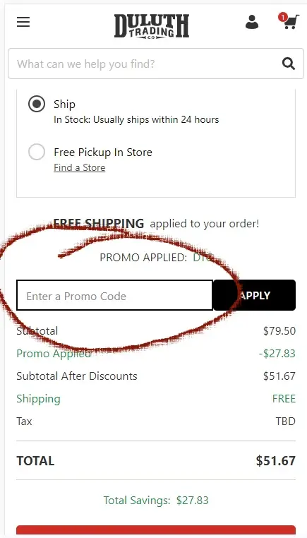 How to apply a Duluth Trading coupon - Final step