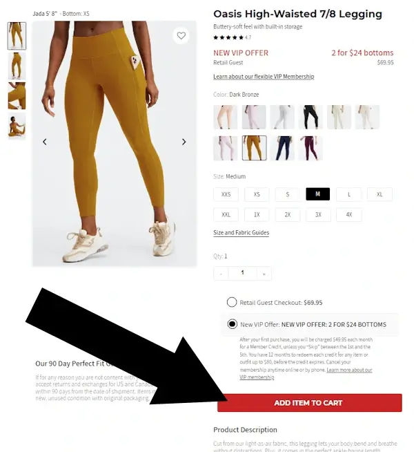 How to enter a Fabletics coupon - Step 1: A screenshot of fabletics.com with an arrow pointing to a link with the text 'ADD ITEM TO CART'
