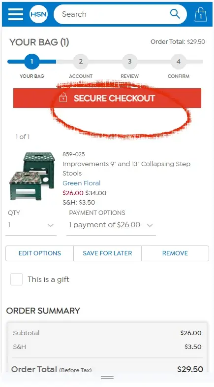 How to enter a coupon on HSN - Step 1: A screenshot of the mobile version of HSN. A red circle highlights a link with the text SECURE CHECKOUT