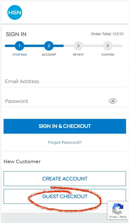 How to enter a coupon on HSN - Step 2:  A red circle highlights a link with the text GUEST CHECKOUT