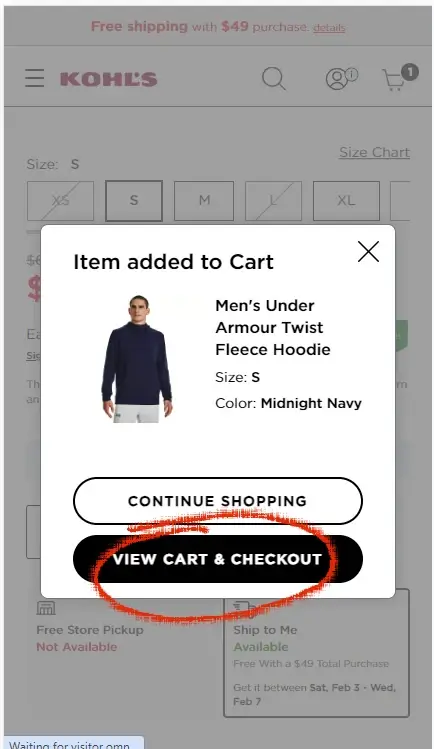 Where To Enter a kohls Promo Code - Step 2: A red circle highlights a text link that says VIEW CART AND CHECKOUT