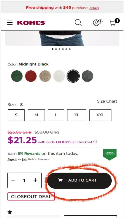Where To Enter a kohls Promo Code - Step 1: A screenshot of the Kohl's mobile website, a red circle highlights a text link that says ADD TO CART