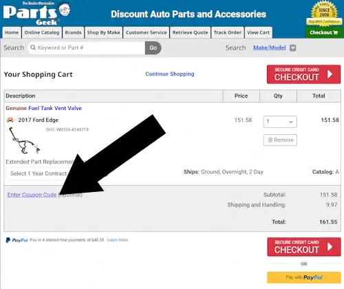How to redeem a coupon on PartsGeek - Step 2