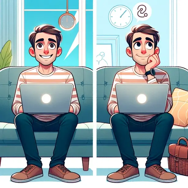 A-cartoon-illustration-of-the-same-happy-man-now-waiting-with-his-laptop