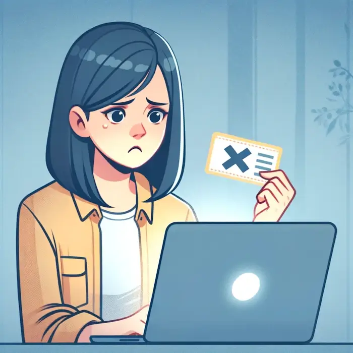An image depicting a woman sitting in front of her laptop with a perplexed expression, holding a coupon in one hand that did not work on her online purchase