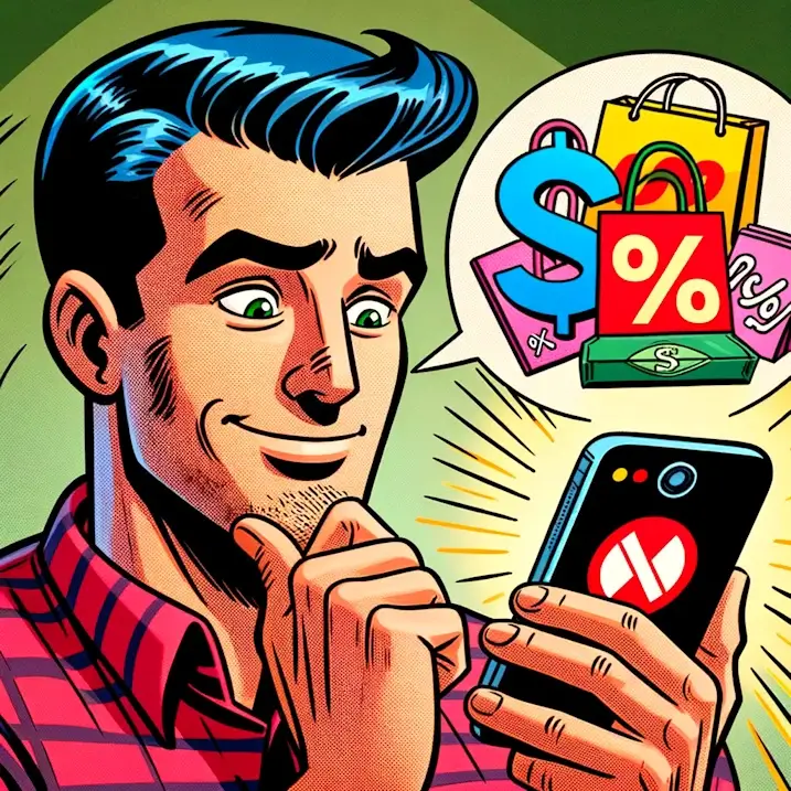 Archie-Comics-style-showing-a-man-saving-money-while-making-a-purchase-online-using-his-smartphone