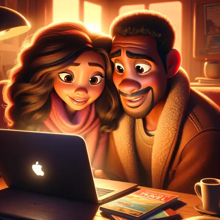 Illustrate a mixed race couple looking at a laptop. The scene is warm and inviting as they plan a trip. 