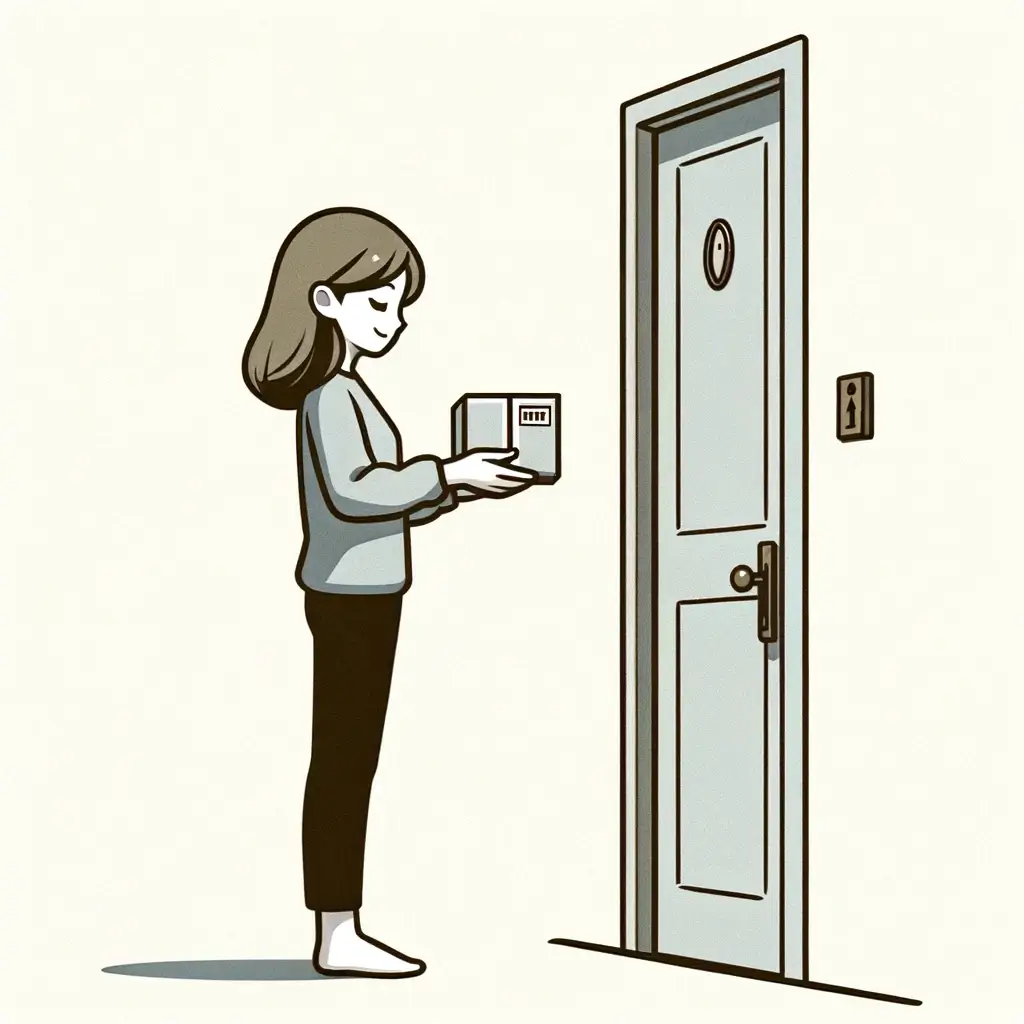 cartoon-scene-where-the-same-woman-depicted-in-a-simple-and-clear-style-is-receiving-a-parcel.-She-stands-at-the-door
