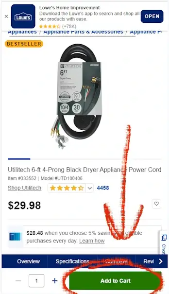 How to redeem a Lowes coupon - Step 1: A screenshot of lowes.com with a red arrow pointing at the ADD TO CART link