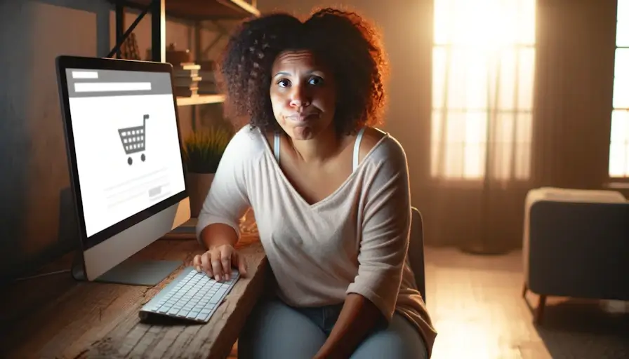 A mixed race woman sitting in front of a computer. She has an expression of disappointment on her face.