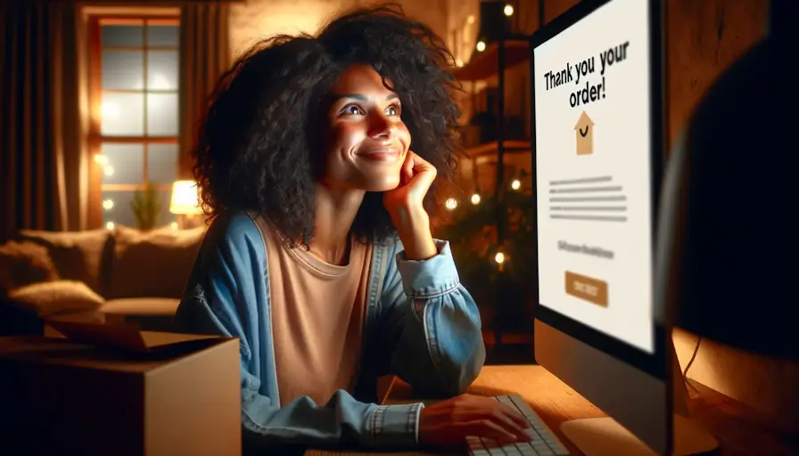 A mixed race woman, with a look of satisfaction  sitting in front of her computer in the cozy, well-lit room