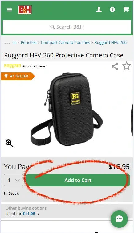How to enter a coupon on b&h photo video - Step 1: Screenshot of  bhphtovideo.com with a red circle around an 'Add to Cart' button