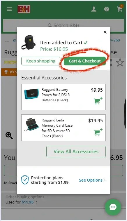 How to enter a coupon on b&h photo video - Step 2: Screenshot of  bhphotovideo.com with a red circle around a 'View Cart' button