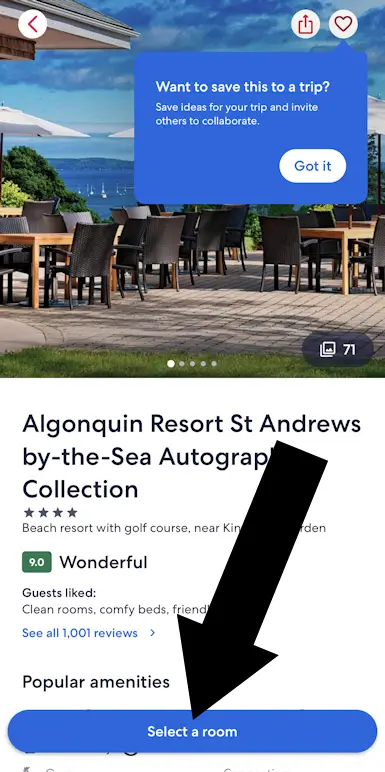 select a room on the hotels app