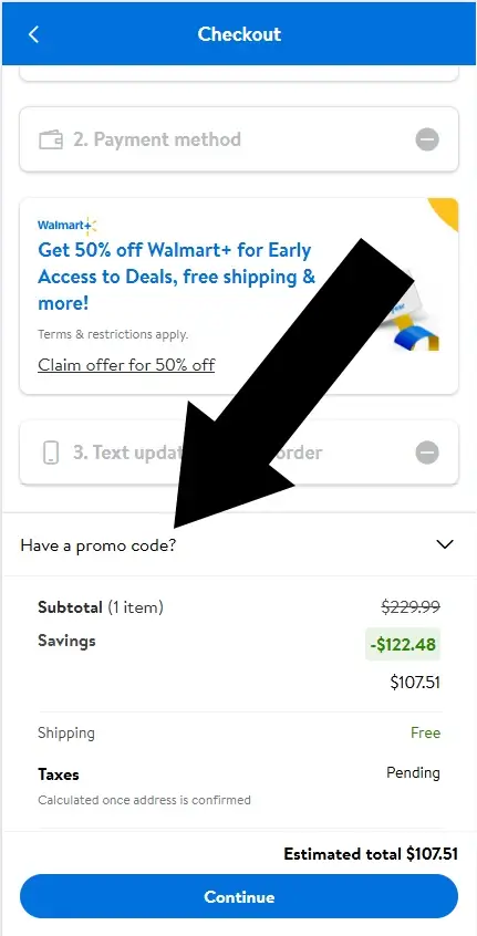 walmart-mobile- Walmart Review Order page showing Have a Promo Code link beneath order total