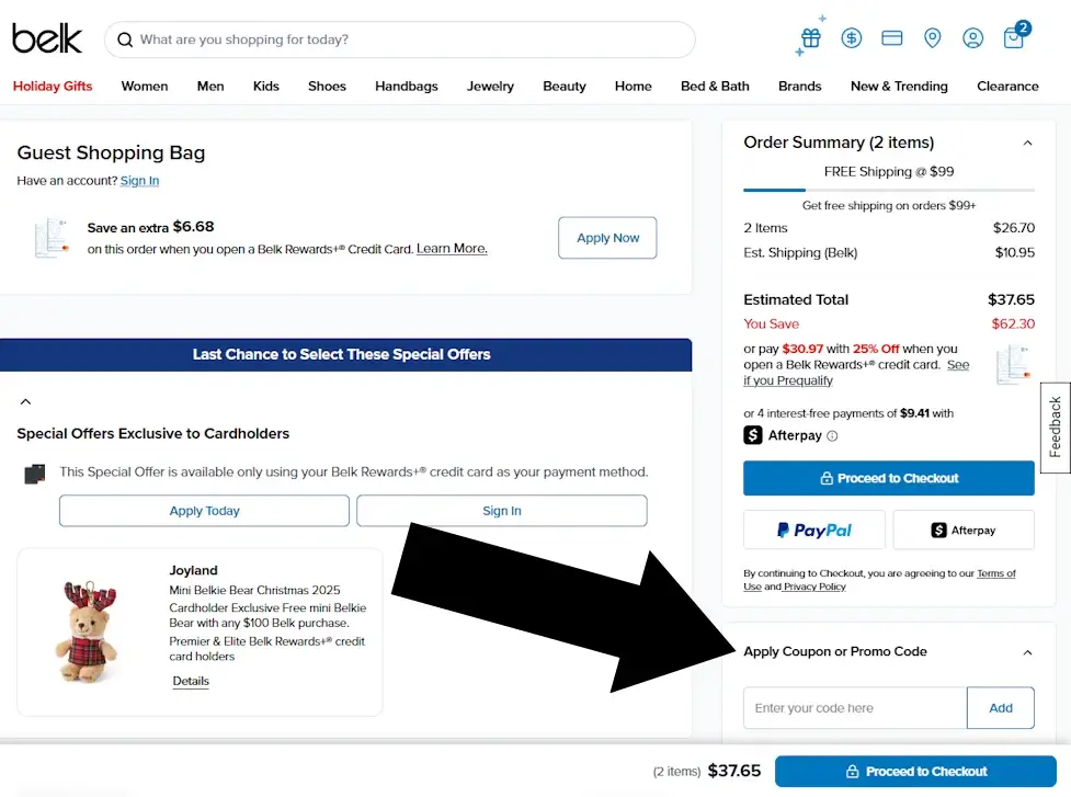 desktop-3 Belk desktop Shopping Bag screen with the coupon entry box highlighted.