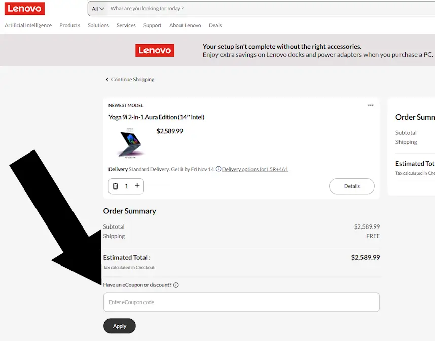 lenovo-3 Lenovo desktop shopping cart showing eCoupon entry field and applied discount.