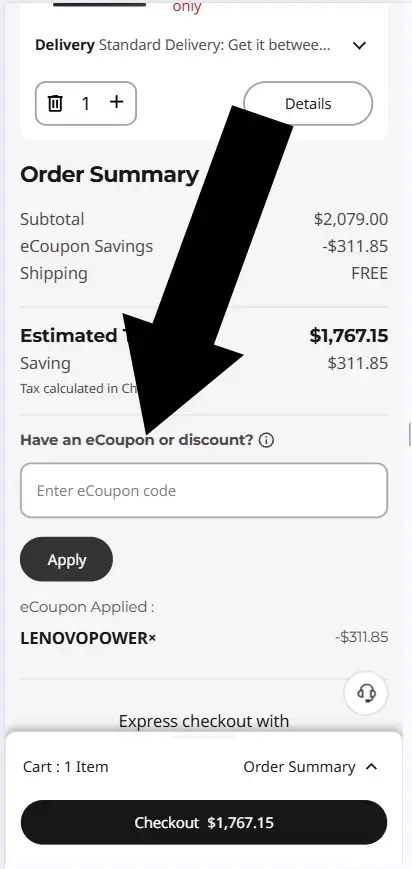 lenovo-mobile-final Lenovo mobile checkout page showing order summary, applied eCoupon discount, free shipping, and final total.