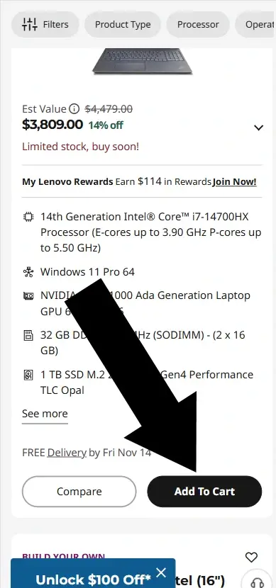 Lenovo mobile product page highlighting the Add to Cart button before checkout.