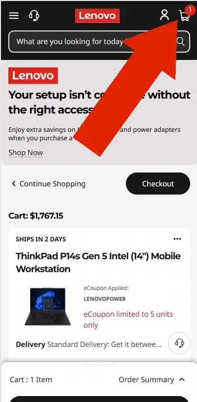An arrow points to the SKIP TO CART link during the checkout process on a mobile device.