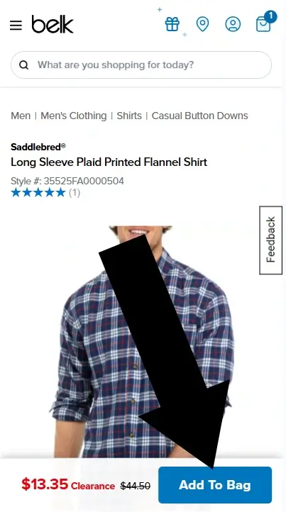 Belk mobile product page showing the blue ADD TO BAG button highlighted.