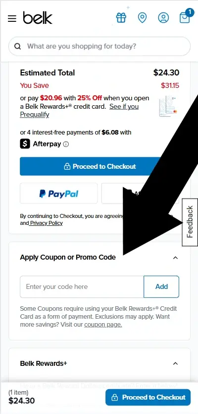 mobile-3 Belk mobile Shopping Bag screen with the coupon entry box highlighted.