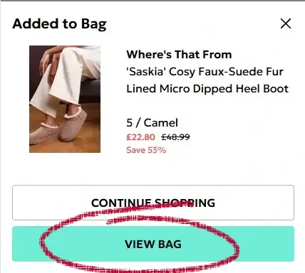 How to redeem a Debenhams voucher - Step 2: A red circle highlights a link with the text 'View Bag'.