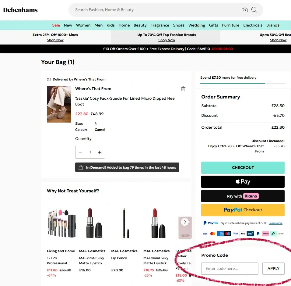 debenhams-desktop-3 Desktop checkout page with promo code field above delivery details.