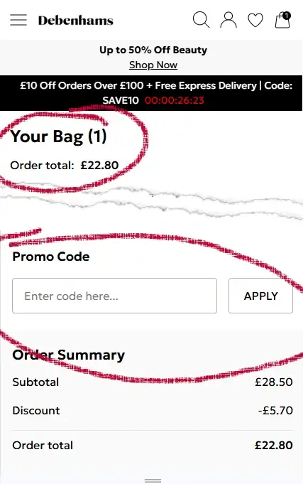 debenhams-mobile-3 Mobile checkout page showing promo code field under Order Summary.