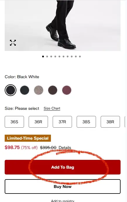 Macy’s mobile product page showing the Add to Bag button highlighted.