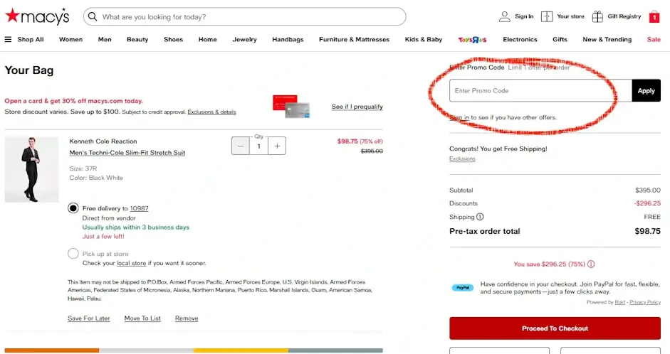 macys-3-desktop Promo code link highlighted in Macy’s desktop order summary on the Your Bag page.