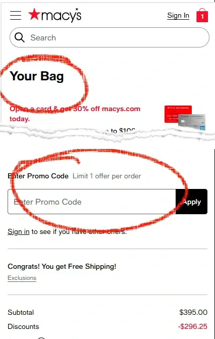 macys-3-mobile Promo code field expanded on Macy’s mobile Your Bag page.
