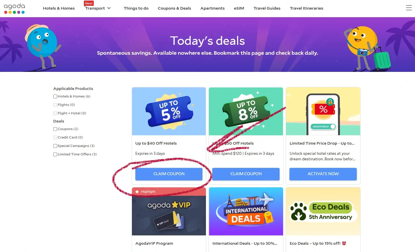 Agoda desktop deals page with selected coupon highlighted in the offers list