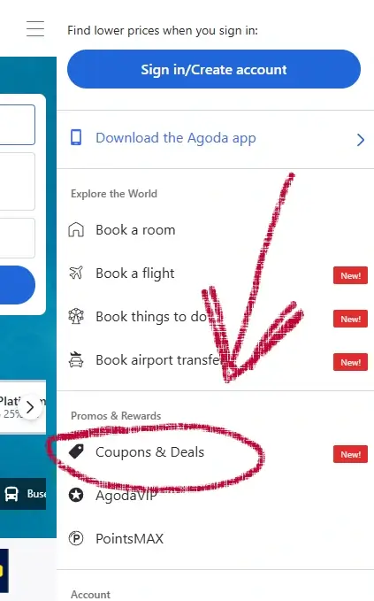 Agoda mobile homepage with COUPONS & DEALS link highlighted in the top menu