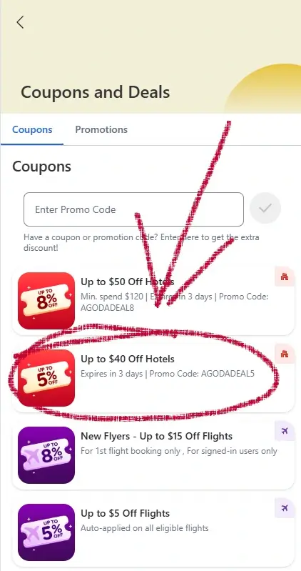 Agoda mobile deals page with arrow pointing to selected coupon offer
