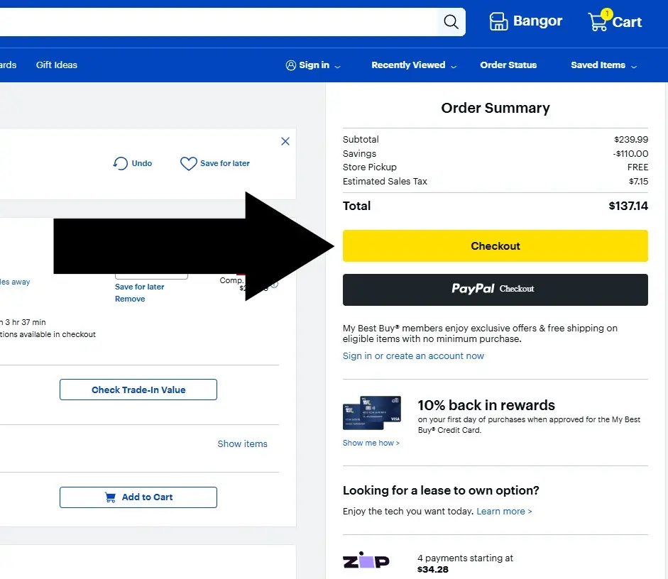 bestbuy-desktop-2 Best Buy desktop shopping cart page with yellow Checkout button highlighted in bottom-right