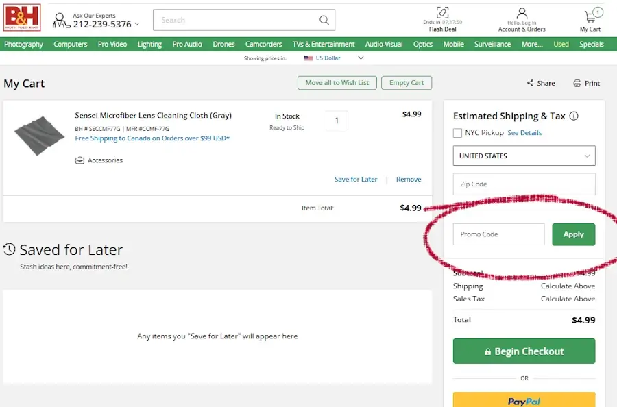 bhphoto-deskop-3 Desktop B&H Photo Video cart page highlighting the coupon code field above the subtotal.