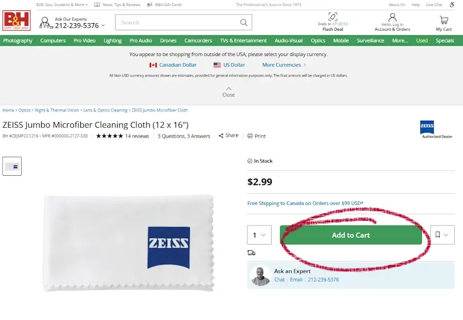 bhphoto-desktop-1 Desktop B&H Photo Video product page with Add to Cart button highlighted for coupon eligible product.