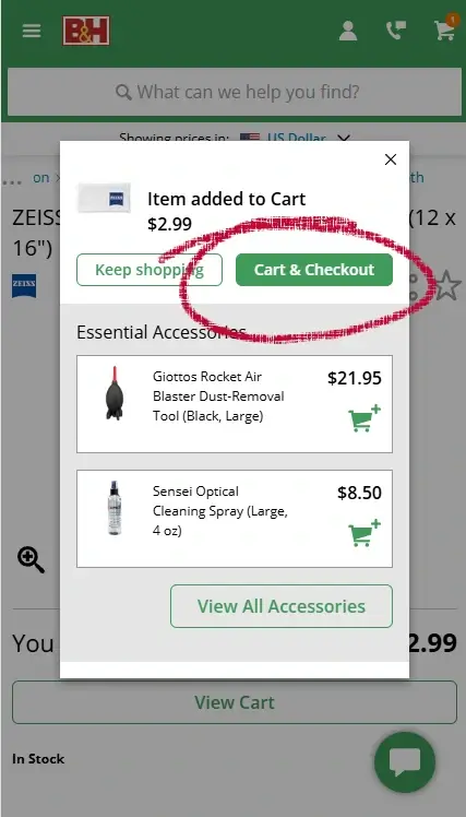 bhphoto-mobile-2 B&H Photo Video mobile cart page showing Cart and Checkout buttons highlighted before coupon code entry.