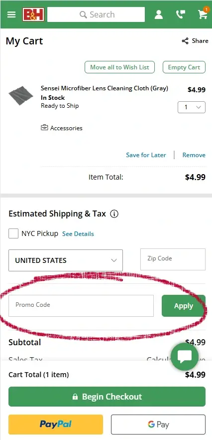 bhphoto-mobile-3 Mobile B&H Photo Video cart page showing the coupon code entry box above the order subtotal.